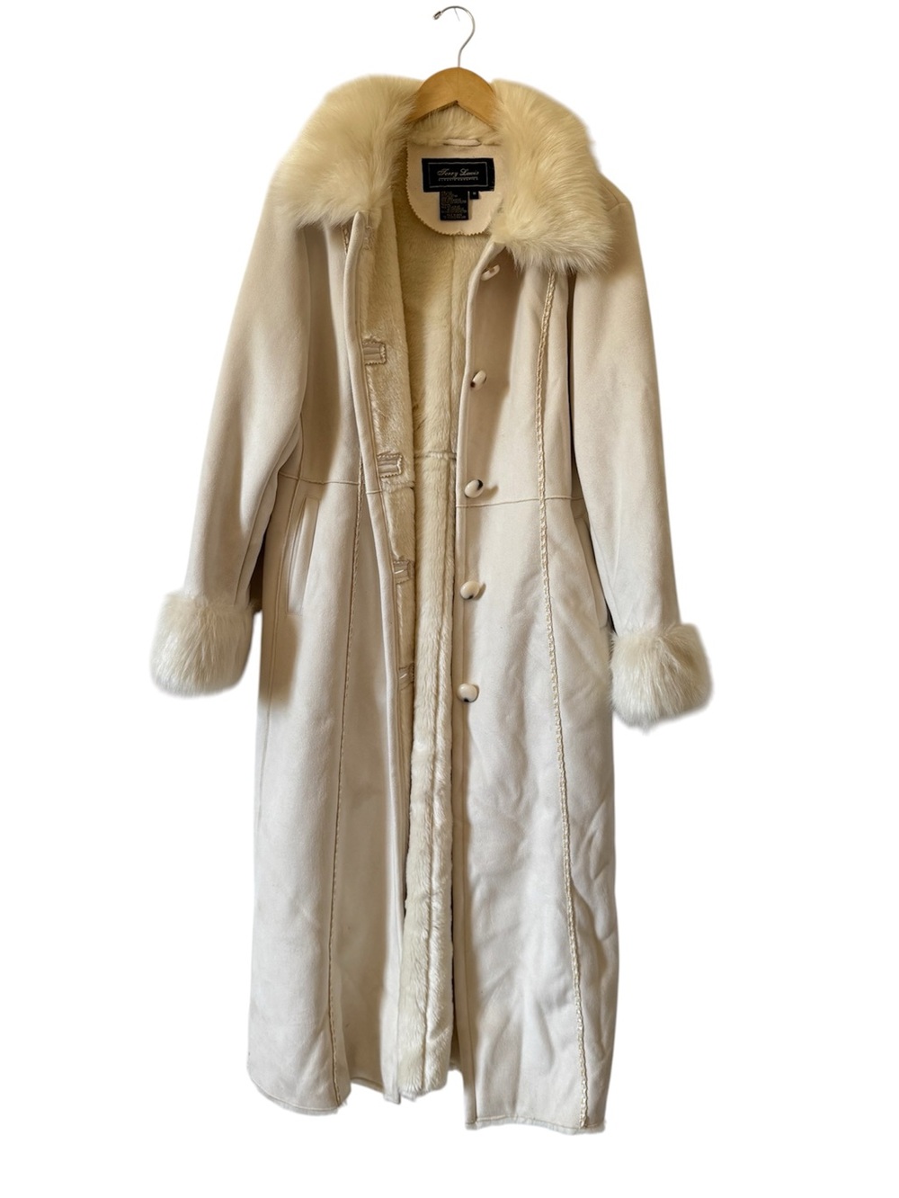Terry Lewis Cream Faux Fur Maxi Coat Penny Lane Long Opera Y2K Faux Suede Medium